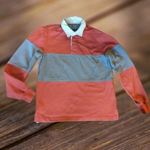 LL Bean rugby shirt classic striped knit grey/terra cota shirt woven collar sz S